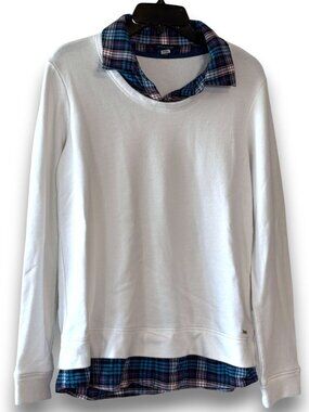 Tommy Hilfiger Women's Large White Faux Layered Sweatshirt Plaid Trim Preppy